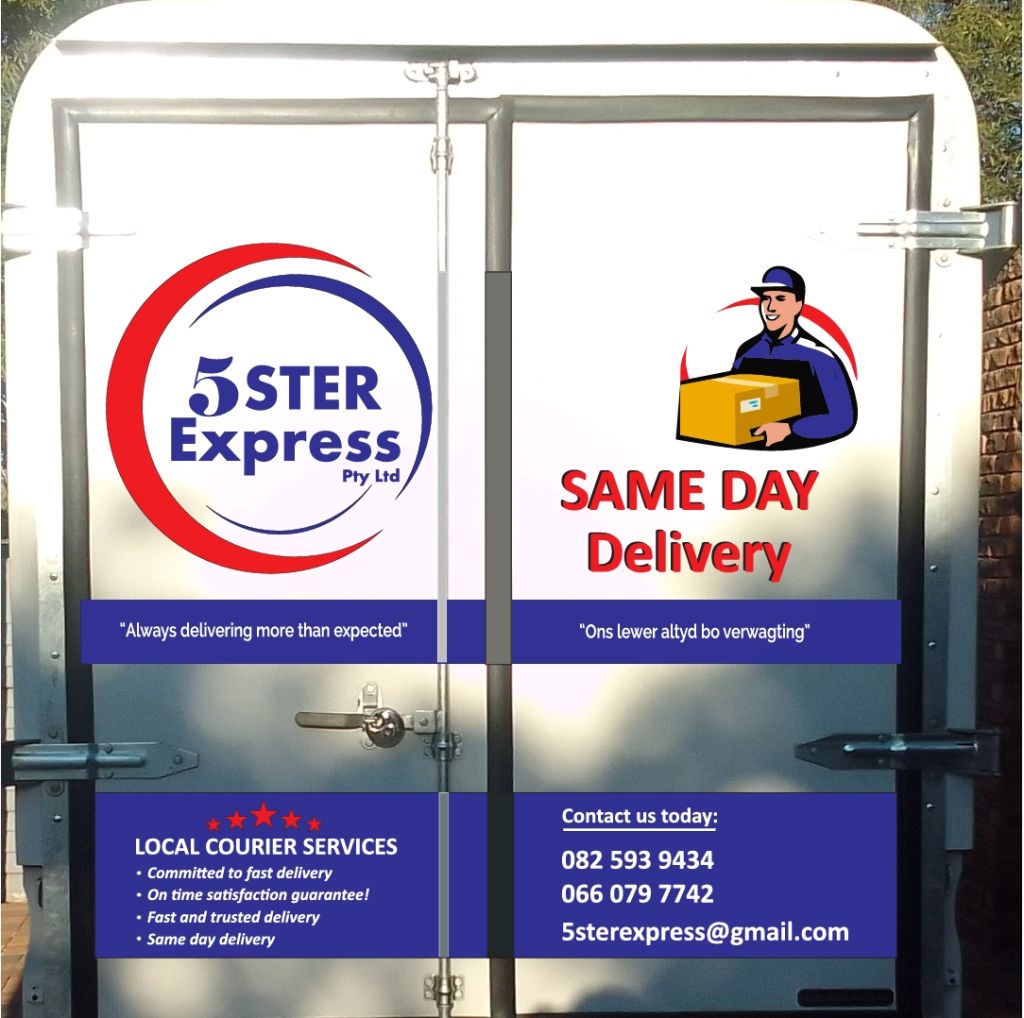 The 5Ster Express signage design on a trailer's rear doors: the red and blue ring logo, ‘Same Day Delivery’, the English and Afrikaans taglines, and the numbers 082 593 9434 and 066 079 7742.